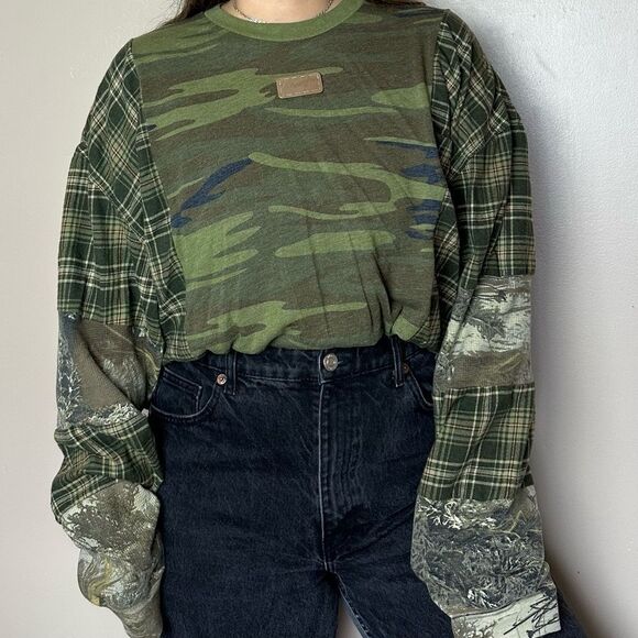 Reworked Upcycled Wrangler Camo Long Sleeve Shirt Relaxed baggy loose fit Shirt - Picture 2 of 4